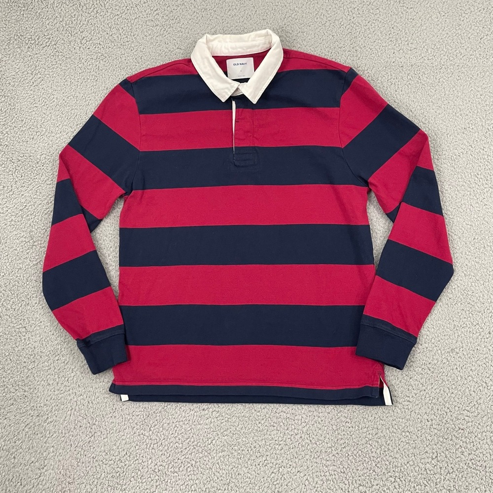 Old Navy Rugby Shirt Men M Red Navy Striped Long Sleeve Cotton Polo Preppy